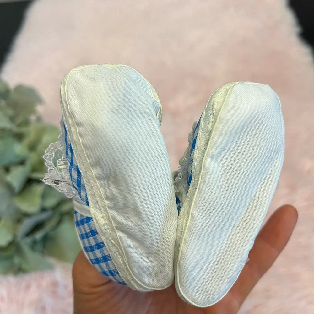 Vintage Baby Girl White‎ Blue Gingham Lace Trim Mary Jane Crib Shoes Infant Sz 1